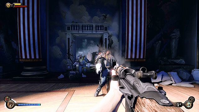 Po wyjściu z kasy, natkniesz się na ludzi Slatea - Znajdź Elektrycznego Dżokeja w Sali Bohaterów | Rozdział 9 - Sala Bohaterów - BioShock: Infinite - poradnik do gry