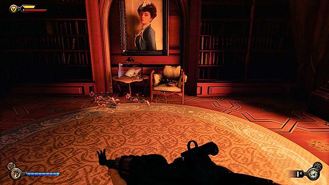 Po prawej stronie, tuż za drzwiami znajduje się pokój z kominkiem - Znajdź Slatea za pomnikiem Pierwszej Damy | Rozdział 10 - W Sali Bohaterów - BioShock: Infinite - poradnik do gry