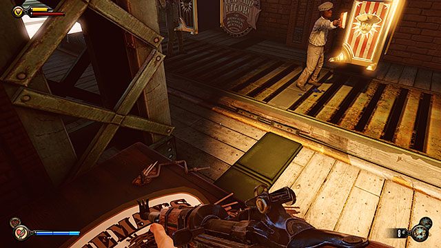 Na środku doków znajdziesz windę towarową na wstęgę - Znajdź Elizabeth | Rozdział 13 - Doki Finkton | BioShock Infinite - BioShock: Infinite - poradnik do gry