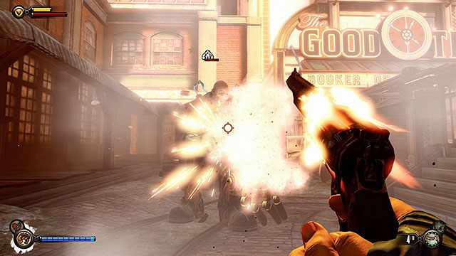 Po wyjściu ze sklepu czeka Cię niespodziewane spotkanie ze Złotą Rączką - Znajdź rusznikarza Chen Lina | Rozdział 17 - Plac Żarliwości - BioShock: Infinite - poradnik do gry