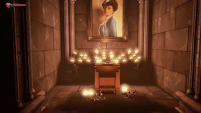 W prawej wnęce lewej kapliczki znajdziesz pierwszy Voksofon #1 (potrzebne do odblokowania osiągniecia Podsłuchiwacz) - Znajdź drogę do miasta w BioShock Infinite | Rozdział 2 - Centrum Powitalne - BioShock: Infinite - poradnik do gry