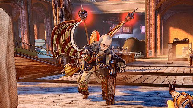 Zmotoryzowani Patrioci to człekokształtne automaty, dzierżące w rękach potężne Korbacze - Potężni przeciwnicy | Przeciwnicy | BioShock Infinite - BioShock: Infinite - poradnik do gry
