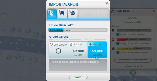 W samym składzie należy kliknąć na opcję zarządzania dostawami [Manage Global Market Deliveries] i wybrać eksport (screen powyżej) - Jak zacząć? | Podstawy rozgrywki w SimCity - SimCity - poradnik do gry