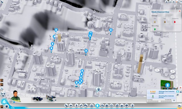 Jak łatwo zauważyć po kliknięciu na ikonę śmieci [Waste Disposal] i uruchomieniu filtra śmieci [Waste Disposal Map] w prawym dolnym rogu ekranu (screen powyżej), pojazdy jeżdżą gęsiego, rzucając się na te same śmietniki, a pomijając inne - Śmieci w SimCity - SimCity - poradnik do gry
