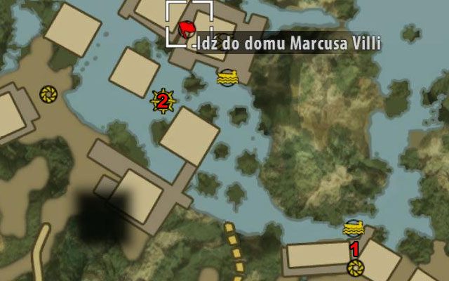 Dom Marcusa Villi znajduje się daleko na północny-zachód od miejsca rozpoczęcia opisywanego zadania, w Wiosce Mataka (punkt 2 na mapie) - Idź do domu Marcusa Villi | Rozdział 3 - Spotkanie z tubylcami - Dead Island Riptide - poradnik do gry