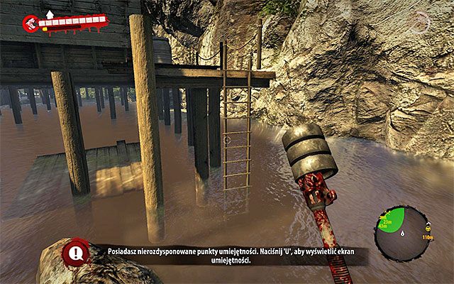 Zlokalizuj pokazaną na powyższym screenie drabinkę, omijając dzięki jej wykorzystaniu brakujące fragmenty balkoniku - Poszukaj wejścia do warsztatu | Rozdział 5 - Akcja z pompą | Dead Island Riptide - Dead Island Riptide - poradnik do gry