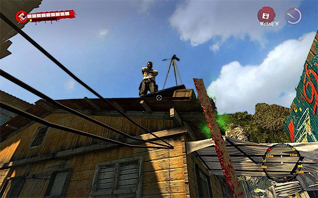 Dave stoi na dachu jednego z budynków i w celu dotarcia do niego musisz skorzystać z pobliskiej drabinki - Na planie | Poboczne zadania - Dżungla | Dead Island Riptide - Dead Island Riptide - poradnik do gry