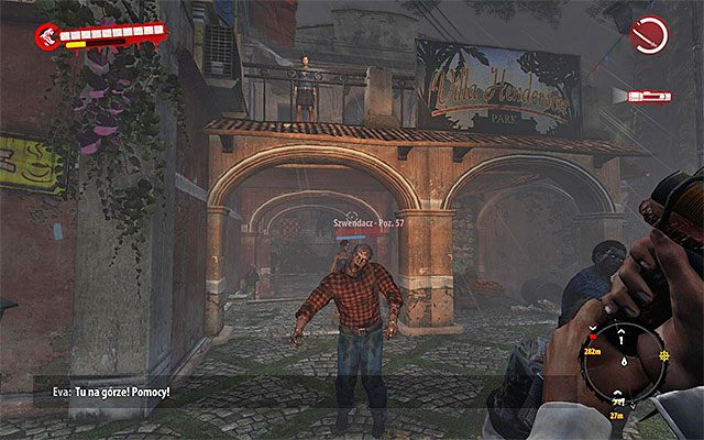 Na wschód od willi powinieneś usłyszeć muzykę wydobywającą się z jednego z budynków oraz zauważyć Evę skrywającą się przed zombiakami na jednym z górnych balkoników - Martwi słabo tańczą | Poboczne zadania - Henderson - Dead Island Riptide - poradnik do gry