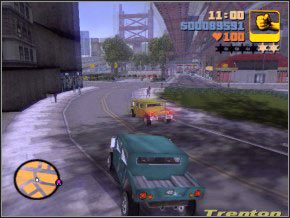 Zrób rundkę w drugą stronę i do kliniki, tak jakbyś jechał do Joeygo - zamiast jednak przejechać przez trawnik, jedź tą samą drogą, a po lewej będzie brama (widoczna na obrazku) - wjedź tam po kolejną odznakę i używając pochylni (tylko nie rozpędzaj się za bardzo, żeby nie przewrócić PATRIOTA) ucie - 03 - Joey | Grand Theft Auto 3 - Grand Theft Auto 3 - poradnik do gry