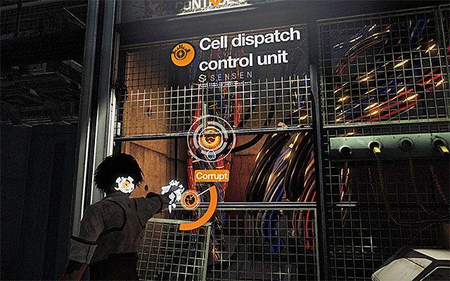 Powróć do miejsca niedawnego lądowania i użyj dystansowego ataku Junk Bolt (prawy przycisk myszy) do zniszczenia jednostki sterującej pracą cel (Cell Dispatch Control Unit) - Pościg za celą z więzionym łowcą | Epizod 6 w Remember Me - Remember Me - poradnik do gry