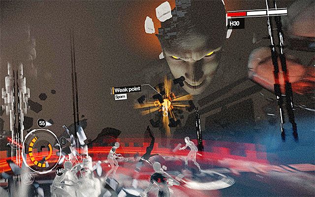 Po rozbiciu drugiej kostki w pobliżu bossa pojawi się nowy osłabiony punkt (Weak Point) - Pojedynek z bossem - H3O - trzecia część | Epizod 8 w Remember Me - Remember Me - poradnik do gry