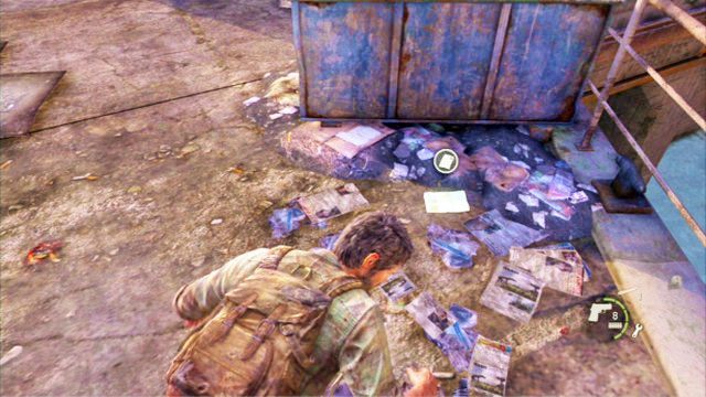 Przekradnij się wtedy za beczki z prawej, powinieneś zobaczyć leżącą przy kontenerze kartkę - Strefa Kwarantanny | Artefakty i nieśmiertelniki w The Last of Us - The Last of Us - poradnik do gry