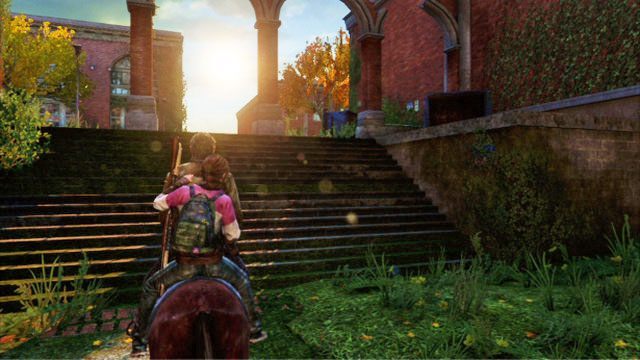 Kawałek za pierwszą blokadą, przez którą przeskoczysz, znajdują się szerokie schody - Uniwersytet | Artefakty i nieśmiertelniki w The Last of Us - The Last of Us - poradnik do gry