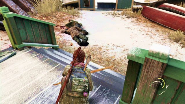 Kolejny wróg będzie przy wejściu do budynku, a dwóch następnych czeka na prawo od domku - Polowanie | Kurort nad jeziorem | Solucja The Last of Us - The Last of Us - poradnik do gry