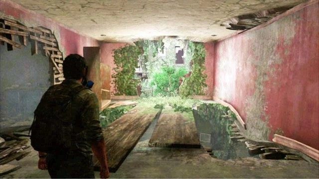 Na górze zobaczysz dużą dziurę w ścianie, przez którą możesz opuścić budynek - Za murem (mapa) | Prolog i Strefa kwarantanny | Solucja The Last of Us - The Last of Us - poradnik do gry