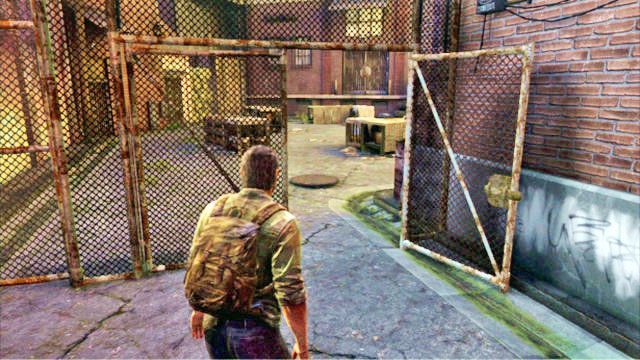 Idąc dalej przed siebie, dotrzesz do miejsca pilnowanego przez trzech strażników - Slumsy (mapa) | Prolog i Strefa kwarantanny | Solucja The Last of Us - The Last of Us - poradnik do gry