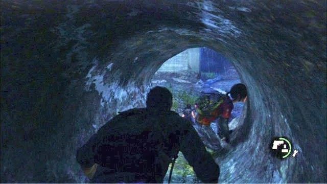Po zakończeniu animacji schyl się i przejdź na drugą stronę niskiego tunelu - Na zewnątrz | Peryferia | Solucja The Last of Us - The Last of Us - poradnik do gry