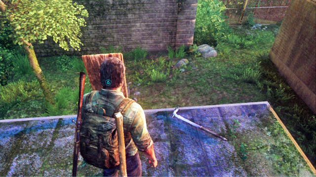 Możesz teraz wejść na górę po dobudówce z drugiej strony, a następnie wciągnąć deskę na dach - Las | Miasteczko Billa | Solucja The Last of Us - The Last of Us - poradnik do gry