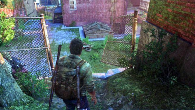 Gdy znajdziesz się na drugim budynku, zeskocz na dół, przejdź kilka kroków prosto, a następnie skręć w lewo - Las | Miasteczko Billa | Solucja The Last of Us - The Last of Us - poradnik do gry