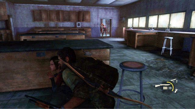 Gdy pierwszy wróg zginie, poczekaj na klikacza z prawej - Ucieczka z budynku szkoły (mapa) | Miasteczko Billa | Solucja The Last of Us - The Last of Us - poradnik do gry