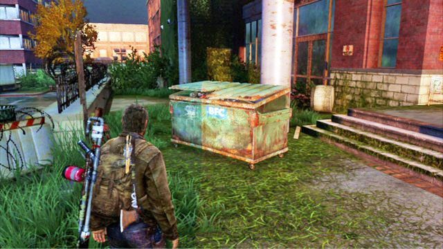 Aby ją otworzyć, odwróć się i popchnij kontener stojący po prawej - Do boju, Big Horns! | Uniwersytet | Solucja The Last of Us - The Last of Us - poradnik do gry