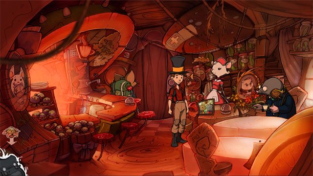Kliknij na dzwonku po prawej stronie, a Ania pojawi się tutaj i da ci lizaka bez cukru oraz bardzo suchą babeczkę - Przygoda w Mysiborze | Solucja The Night of the Rabbit - The Night of the Rabbit - poradnik do gry
