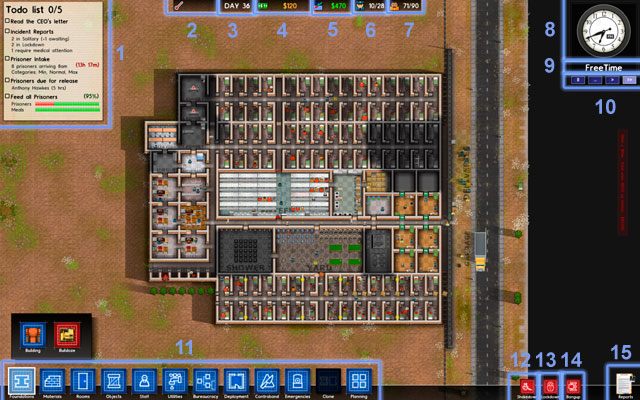 1 - lista zadań do wykonania (również grantów) - Podstawy w Prison Architect | Interfejs - Prison Architect - poradnik do gry