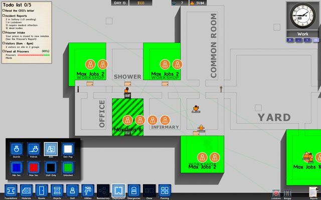 W celu zatrudnienia więźniów należy postępować identycznie jak w przypadku warsztatu (patrz: Warsztat) - Schowek w Prison Architect | Pomieszczenia więzienne - Prison Architect - poradnik do gry