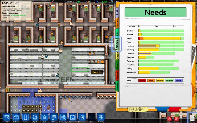 Problemy więźniów można poznać dzięki zakładce potrzeb [Needs] w oknie raportów [Reports] (screen powyżej) - Potrzeby więźniów w Prison Architect | Struktura gry - Prison Architect - poradnik do gry