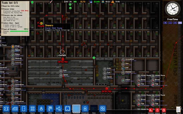 Jak widać na ilustracji powyżej, sprytnie ulokowany wykrywacz metalu pozwala na wykrycie kontrabandy, kiedy ta jest przenoszona przez więźniów - Kontrabanda w Prison Architect | Struktura gry - Prison Architect - poradnik do gry