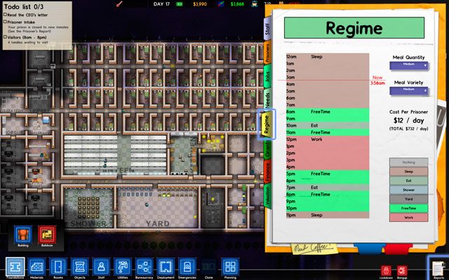 Ustalenie porządku dnia (czyli reżimu) pozwala na kontrolowanie poczynań więźniów oraz porządkuje działanie ośrodka - Porządek dnia w Prison Architect | Struktura gry - Prison Architect - poradnik do gry