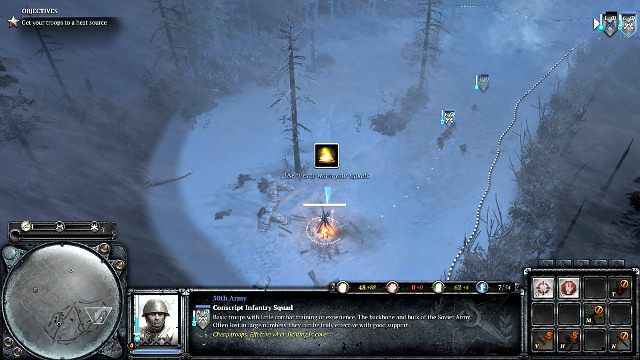 Niebieski termometr sygnalizuje, że oddział zamarza, ogrzej go przy ognisku - Misja 04 - Zima cudów | Kampania w Company of Heroes 2 - Company of Heroes 2 - poradnik do gry