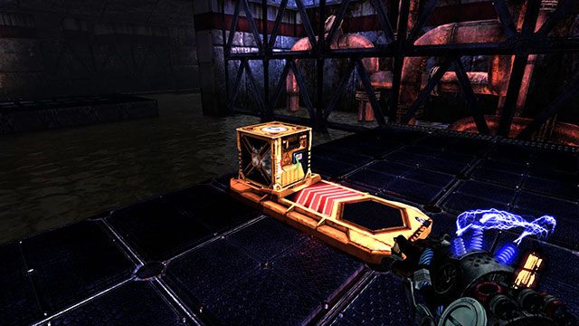 Postaw kostkę na katapulcie, naładuj czerwonym ładunkiem, wskocz na kostkę, a następnie odpal zielony ładunek (obrazek powyżej) - The Deep | Akt II | Magrunner Dark Pulse - Magrunner: Dark Pulse - poradnik do gry