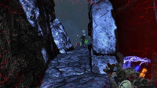 Gdy tylko Twój oponent pojawi się w drzwiach, obróć się, a następnie zeskocz na platformę znajdującą się poniżej - The Outsider | Akt III | Magrunner Dark Pulse - Magrunner: Dark Pulse - poradnik do gry