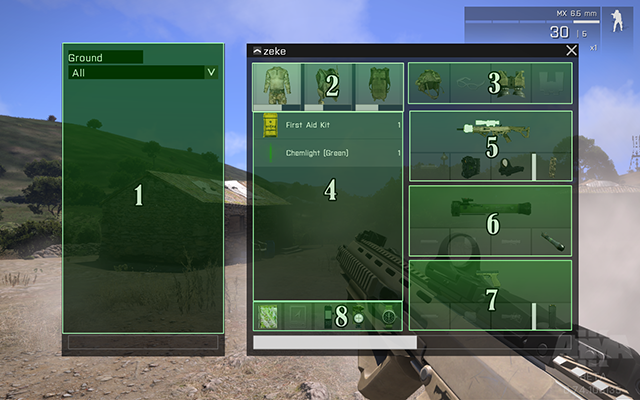 1: ta część inwentarzu pokazuje to, co znajduje się na ziemi obok gracza - Interfejs w Arma III | Podstawy rozgrywki | ArmA 3 - Arma III - poradnik do gry