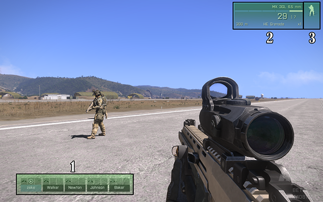 1: przedstawia imiona członków twojej drużyny oraz ikony oznaczające w jakim pojeździe znajduje się dany gracz, lub NPC - Interfejs w Arma III | Podstawy rozgrywki | ArmA 3 - Arma III - poradnik do gry