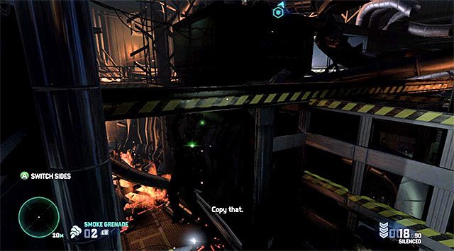 Miejsce, w którym należy złapać się przeciwnej strony belki - Dotarcie do miejsca unieszkodliwienia wirusa | Misja 11 - Terminal gazowy - Tom Clancys Splinter Cell: Blacklist - poradnik do gry