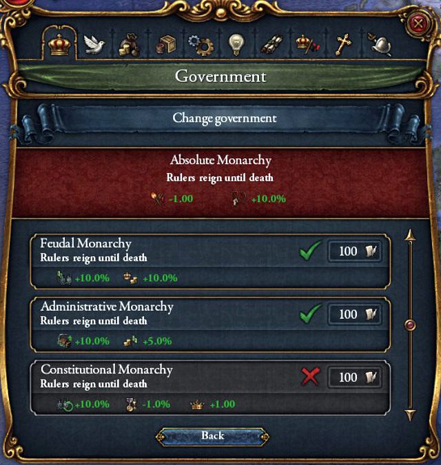Zmiany ustroju można dokonać klikając na ikonkę korony w zakładce Government - Europa Universalis 4: Dynastia i ustrój - Administracja - Europa Universalis IV - poradnik do gry