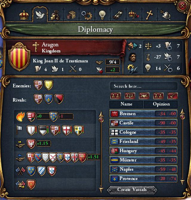 Z okienka dyplomacji dowiesz się między innymi na kogo masz Casus Belli - Europa Universalis 4: Dyplomacja - wprowadzenie - Europa Universalis 4 - poradnik do gry