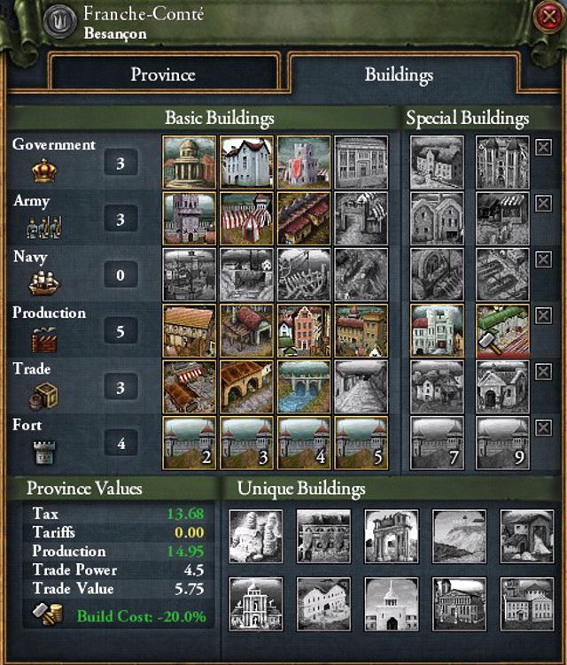 Można wybudować tylko jeden typ budynków specjalnych w danej prowincji. - Europa Universalis 4: Budynki - Budżet - Europa Universalis 4 - poradnik do gry