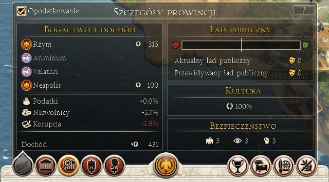 Skrót tych informacji możemy zobaczyć w oknie w lewym-dolnym rogu ekranu - Interfejs w Total War Rome II | Mapa strategiczna - Total War: Rome II - poradnik do gry