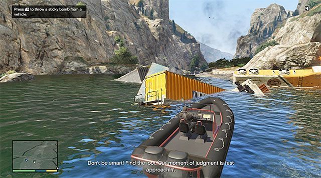 Zaczekaj aż gra przyzna ci kontrolę nad postacią Michaela i wyrusz łodzią (Nagasaki Dinghy) w stronę bardziej oddalonego spośród dwóch widocznych na horyzoncie mostów - GTA 5: Wykolejeni - solucja - GTA 5 - poradnik do gry