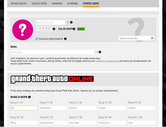 Na stronie wpisujesz dane dotyczące swojej ekipy - GTA Online: Ekipa - jak stworzyć własną? - GTA 5 - poradnik do gry