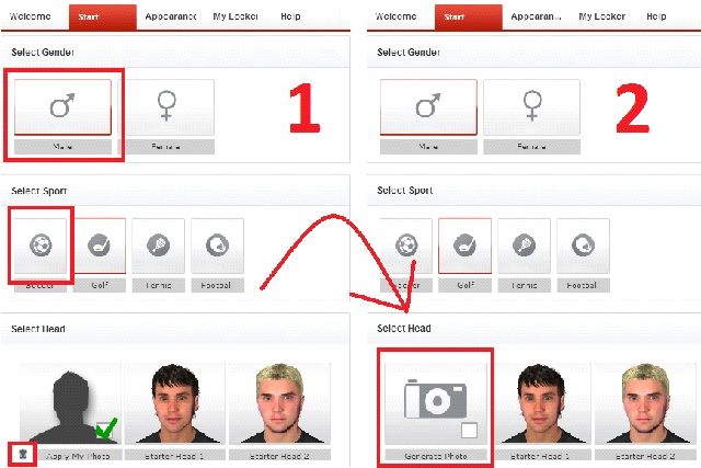 Przechodzimy do zakładki Start, wybieramy płęć męską i sport - piłkę nożną - Funkcja Game Face | Wirtualne kluby w FIFA 14 - FIFA 14 - poradnik do gry