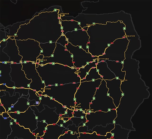 Mapa prezentująca sieć dróg w Polsce. - Polska | Charakterystyka państw | ETS 2 Going East - Euro Truck Simulator 2: Going East! Ekspansja Polska - poradnik do gry