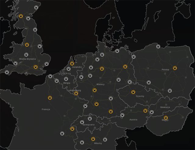 Mapa prezentująca wszystkie salony samochodowe dostępne w grze; kolorem żółtym oznaczone są duże salony, a szarym małe. - Dealerzy ciężarówek | ETS 2 Going East - Euro Truck Simulator 2: Going East! Ekspansja Polska - poradnik do gry