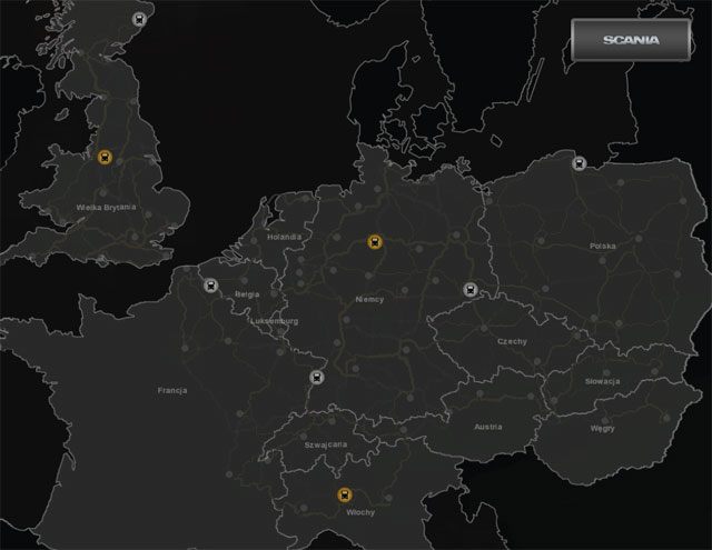 Mapa z zaznaczonymi dużymi i małymi salonami samochodowymi marki Scania. - Renault, Scania, Volvo - mapy | Dealerzy ciężarówek | ETS 2 Going East - Euro Truck Simulator 2: Going East! Ekspansja Polska - poradnik do gry