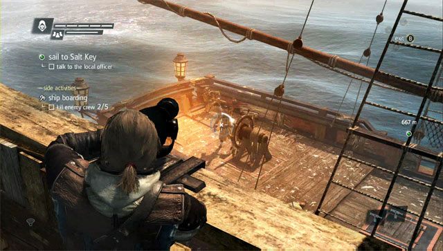 Przed wejściem na pokład warto ostrzelać załogę folgierzem. - Abordaż w Assassins Creed IV Black Flag | Walka na morzu - Assassins Creed IV: Black Flag - poradnik do gry