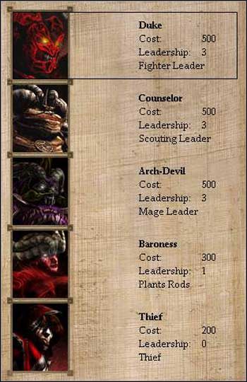 Kolejność w tabeli bohaterów jest następująca: Wojownik, Zwiadowca, Mag, Terraformer, Złodziej - Legiony Przeklętych - Bohaterowie, Wojownicy, Magowie | Disciples II - Disciples II: Mroczne Proroctwo - poradnik do gry