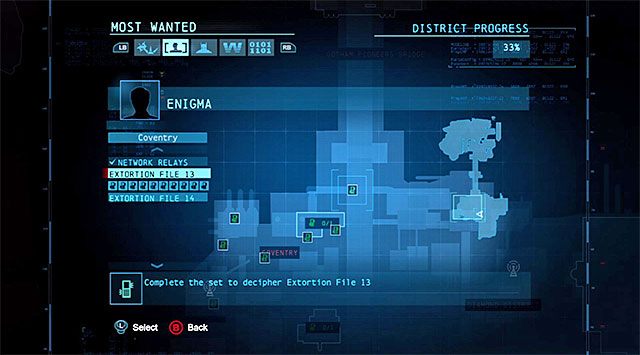 Okno pobocznej misji Enigmy informuje o postępach w kompletowaniu kolejnych plików z danymi - Mapa świata | Pakiety danych Enigmy (Enigma Datapacks) w Batman Arkham Origins - Batman: Arkham Origins - poradnik do gry